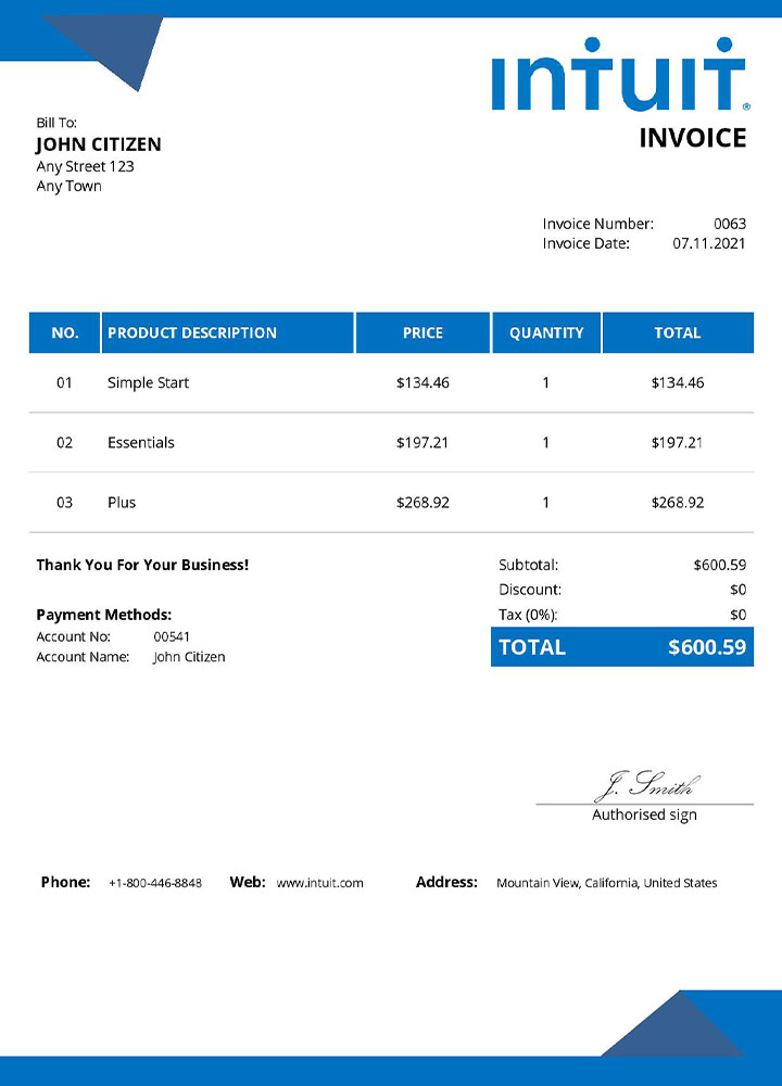 USA Intuit invoice template PSD template